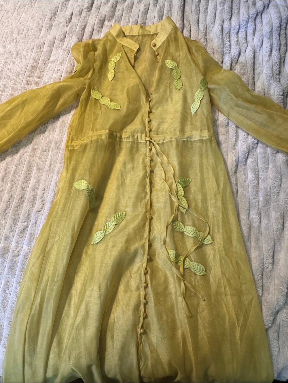 Sheer Yellow/Green Leaf-Embroidered Women's Dress